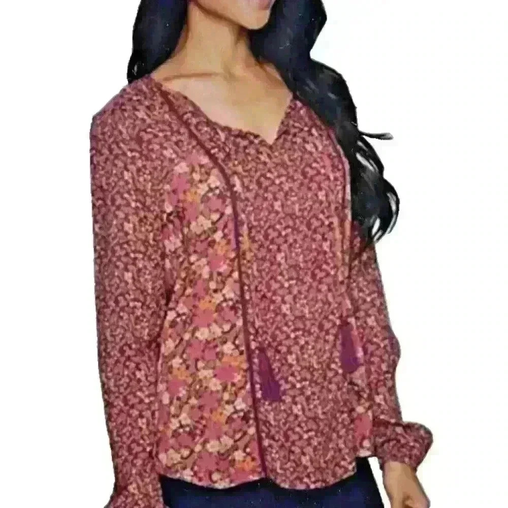 prAna Womens Floral Boho Peasant Tasseled Blouse Long Sleeve Top Pink Small